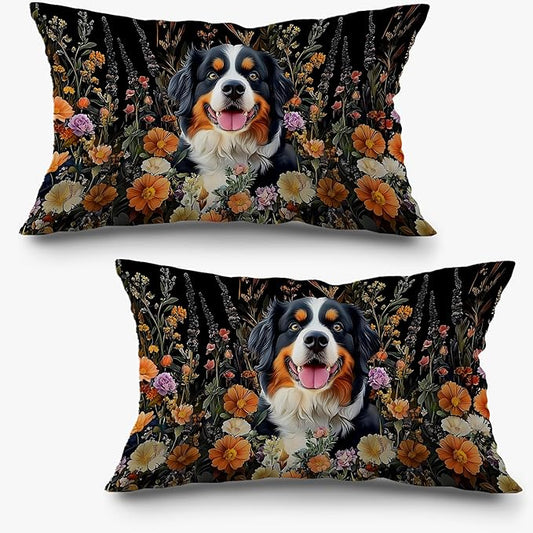 Moody Floral Bernese Mountain Dog Pillow Covers 12x20 Set of 2, Bernese by Exqcom