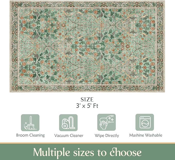 MUJOO 3x5 Green Rug Washable, Floral Area Rug - Image 2