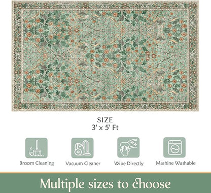 MUJOO 3x5 Green Rug Washable, Floral Area Rug - Image 2