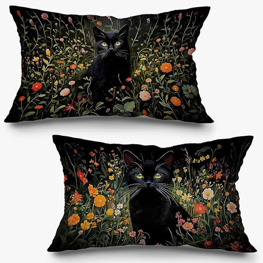 Moody Wildflower Black Cat Pillow Covers 12x20 Set of 2, Dark Green Cottagecore by Exqcom