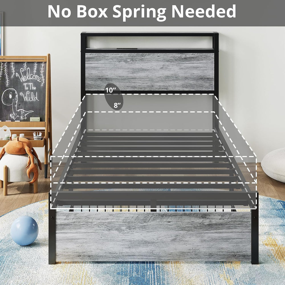 LIKIMIO Twin Bed Frames with Drawer and Charging Station, Industrial Gray