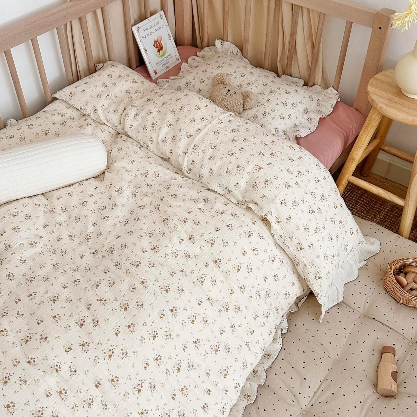 AOJIM Floral Print Kids Duvet Cover, 1-Piece 2-Layer Gauze Muslin Cotton Soft Breathable Toddler Comforter Cover 47X59'', Kids Ruffled Bedding Duvet Cover for Boys Girls, No Quilt or Pillowcases