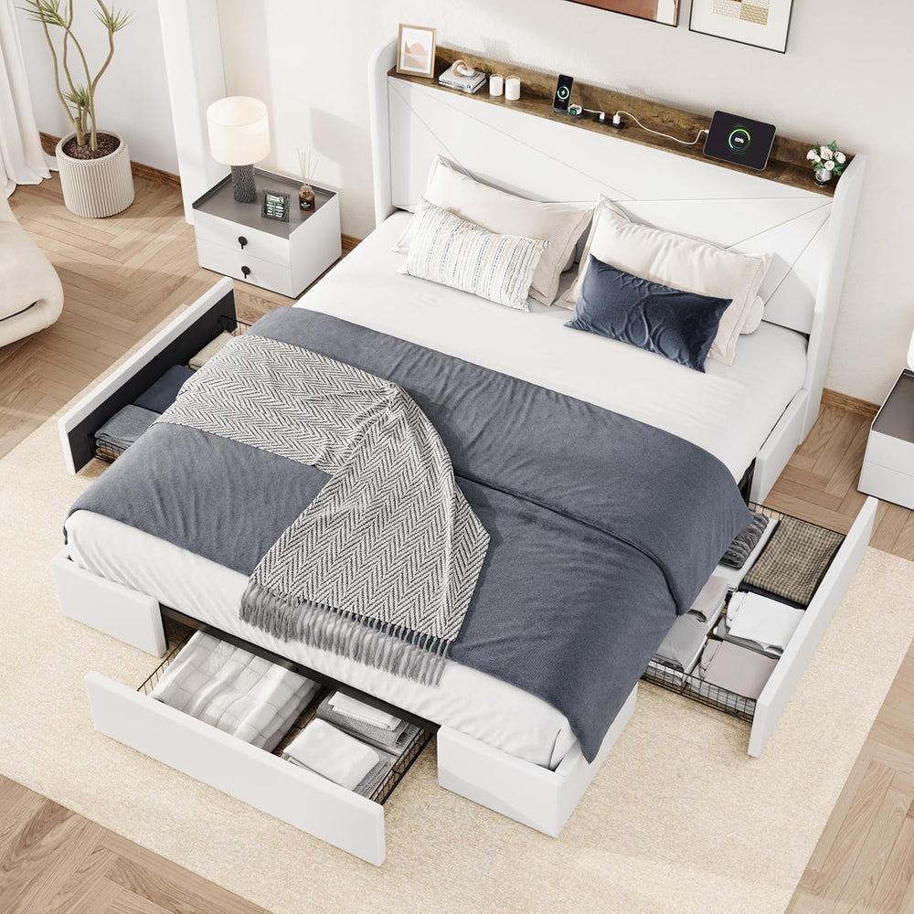 Allewie King Size Velvet Bed Frame with Storage Drawer and USB Ports, White