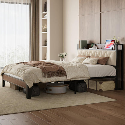 anctor queen bed frame with headboard & charging on a desk or shelf