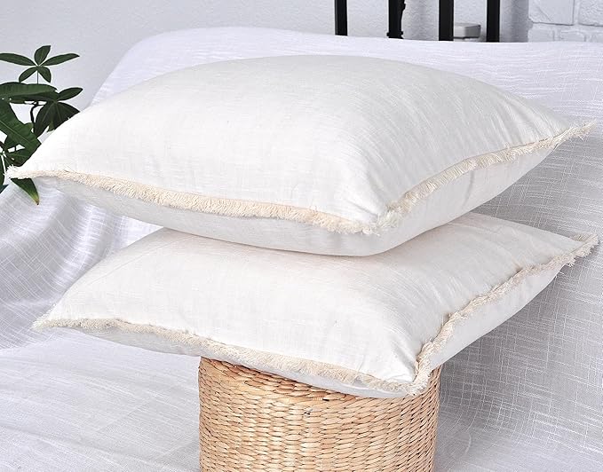 18×18 Ivory White Decorative Fringe Cotton Pillow Covers Boho Farmhouse Throw - Image 5