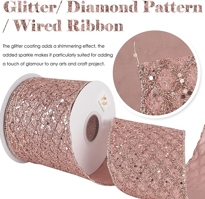 HUIHUANG Rose Gold Christmas Ribbon 4 inch Rose Gold Glitter Wired Ribbon - Image 3