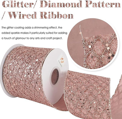 HUIHUANG Rose Gold Christmas Ribbon 4 inch Rose Gold Glitter Wired Ribbon - Image 3