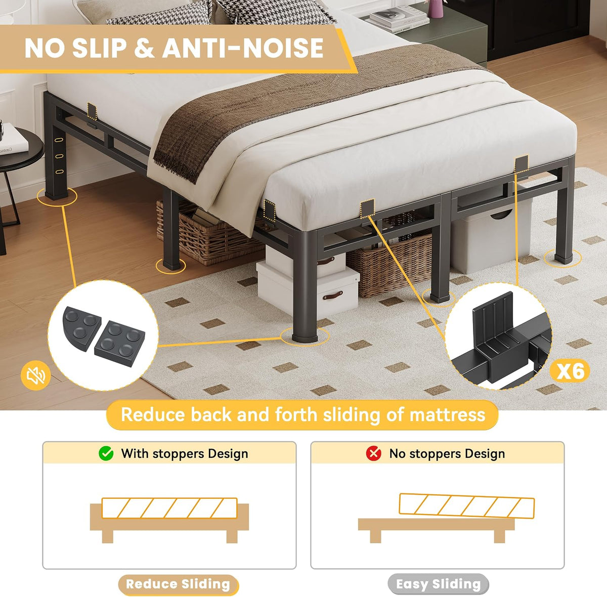 king size bed frame,18 inch metal heavy duty, side view