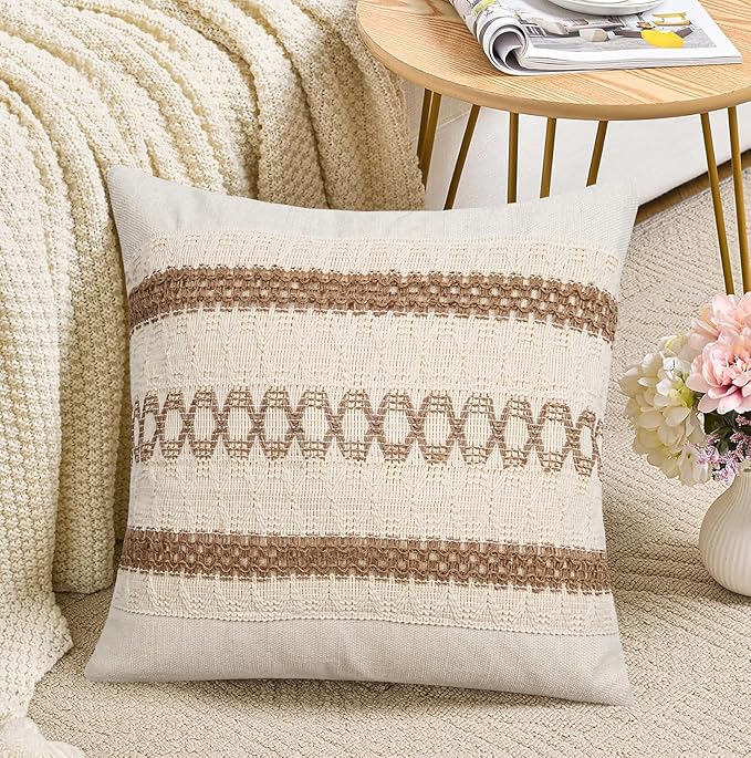 Pyonic Pack of 2 Boho Throw Pillow Covers 18x18 Inch Farmhouse Decorative Throw - Image 2