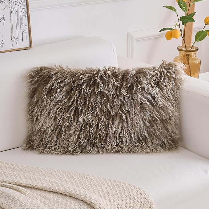 Genuine Mongolian Lamb Fur Pillow Cover – 12"x20" Rectangular Cushion Case – - Image 2