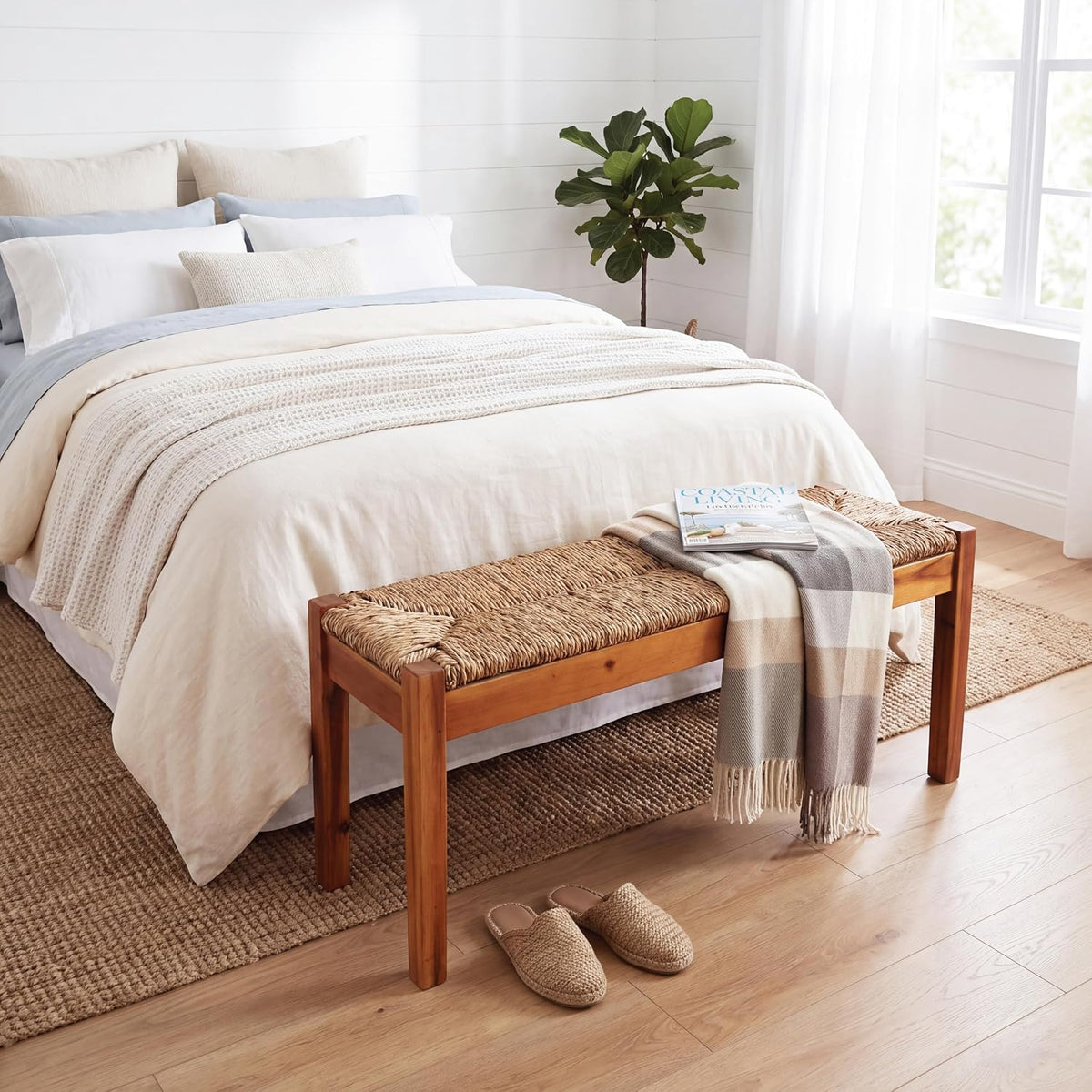 vintage entryway bench, 46 inch acacia wood with showing dimensions