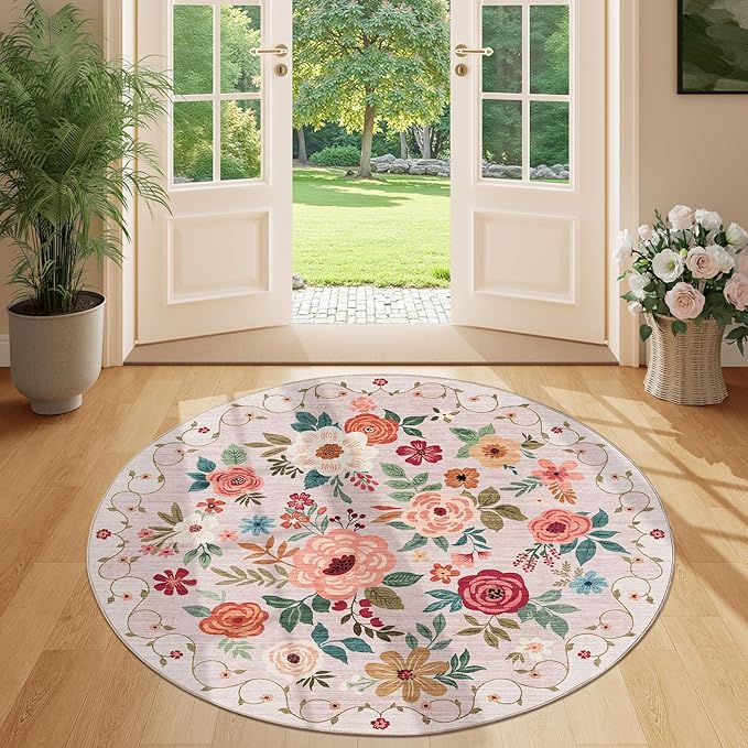 DUKINO Floral Round Rug, 4ft Washable Round Area Rug, Non Slip Indoor Low Pile - Image 3