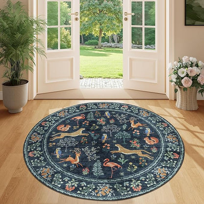 DUKINO 4ft Round Rug, Washable Round Area Rug, Non Slip Indoor Low Pile Animal by DUKINO
