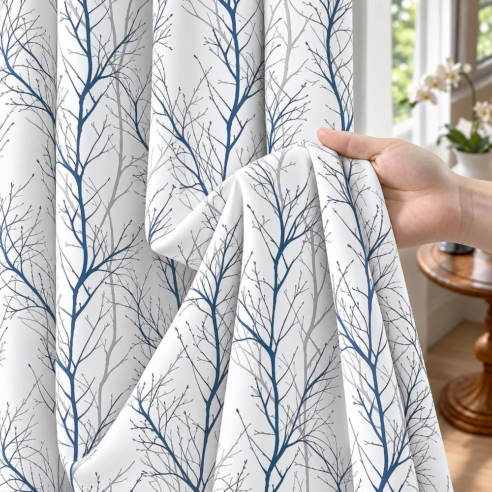FMFUNCTEX 100% Blackout Blue Grey Tree Branch Curtains 63 Inch 2 Panels