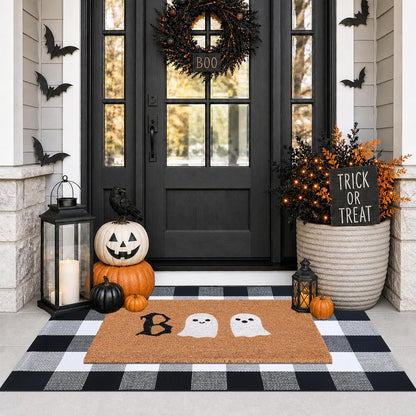 Halloween Door Mat Combo Set, Boo Ghost Coco Coir Welcome Doormat + 28" x 43" Black and White Plaid Rug, Autumn Halloween Front Porch Entryway Decor Floor Mat