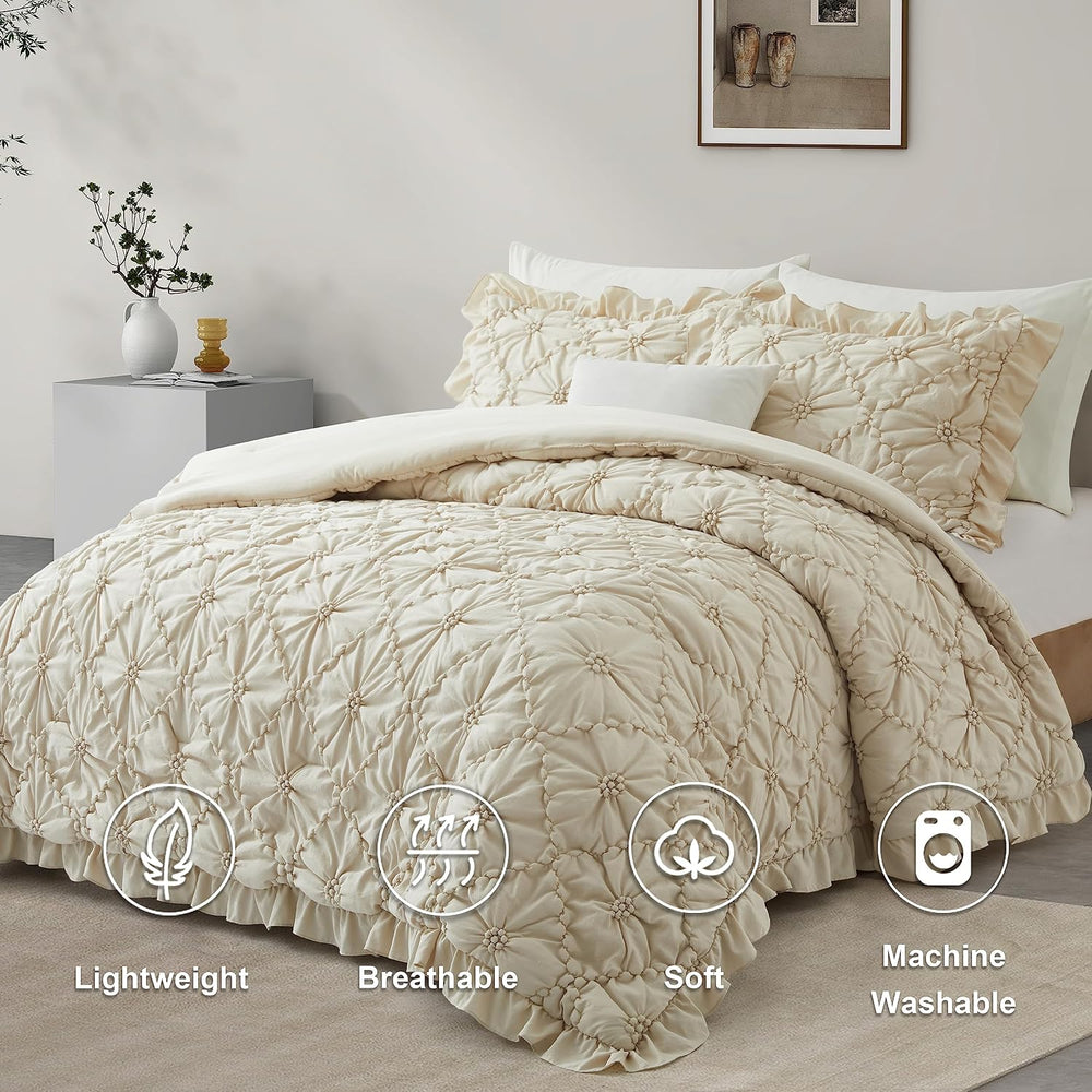 BEDAZZLED Queen Comforter Set, Beige Pinch Pleat Ruffle, 3 Pieces