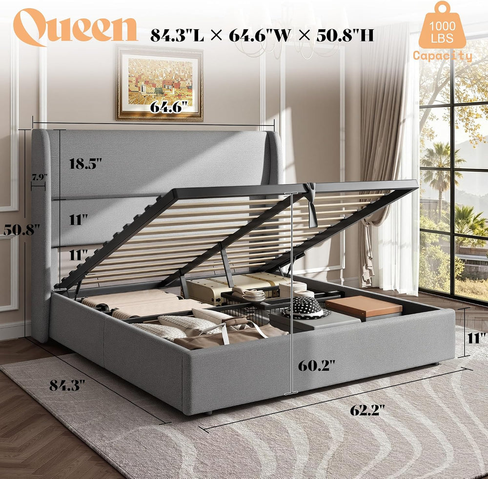 AMERLIFE Queen Lift Up Storage Bed Frame Linen Headboard, Light Grey