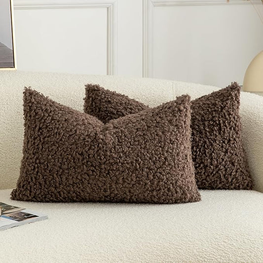 Pack of 2 Curly Teddy Wool Faux Fur Throw Pillow Covers Fuzzy Accent Soft by Joyouth