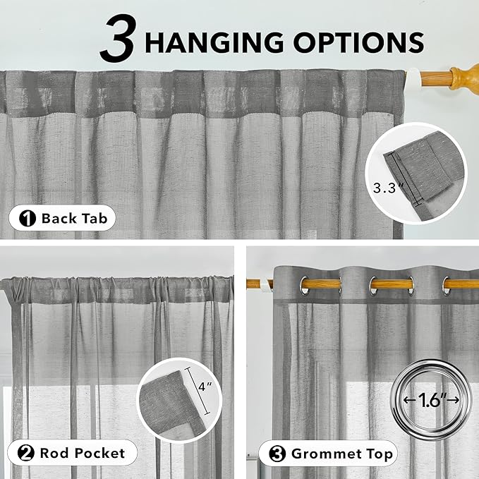 Deconovo Faux Linen Back Tab Curtains, Semi Sheer 52x84 Inch Long Panels - Image 4