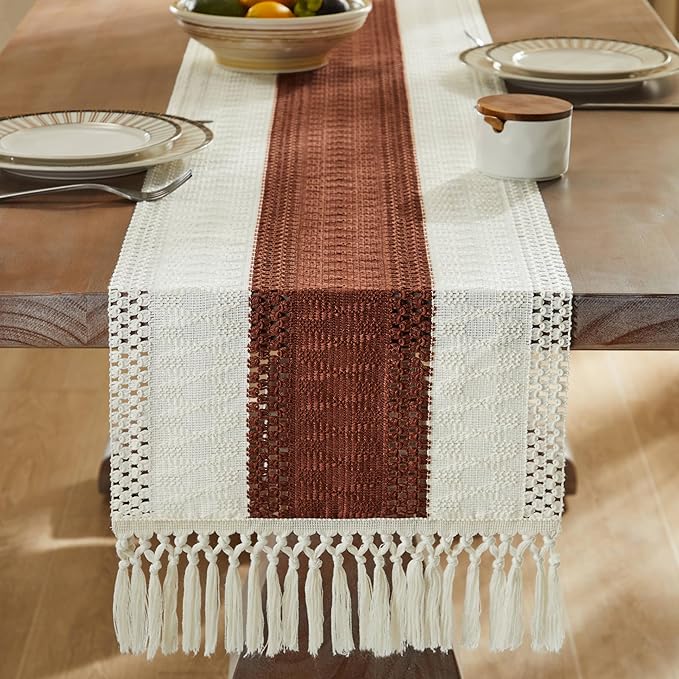 ZeeMart Macrame Style Bicolor Stitching Table Runner, 14 x 90 Inch - Image 3