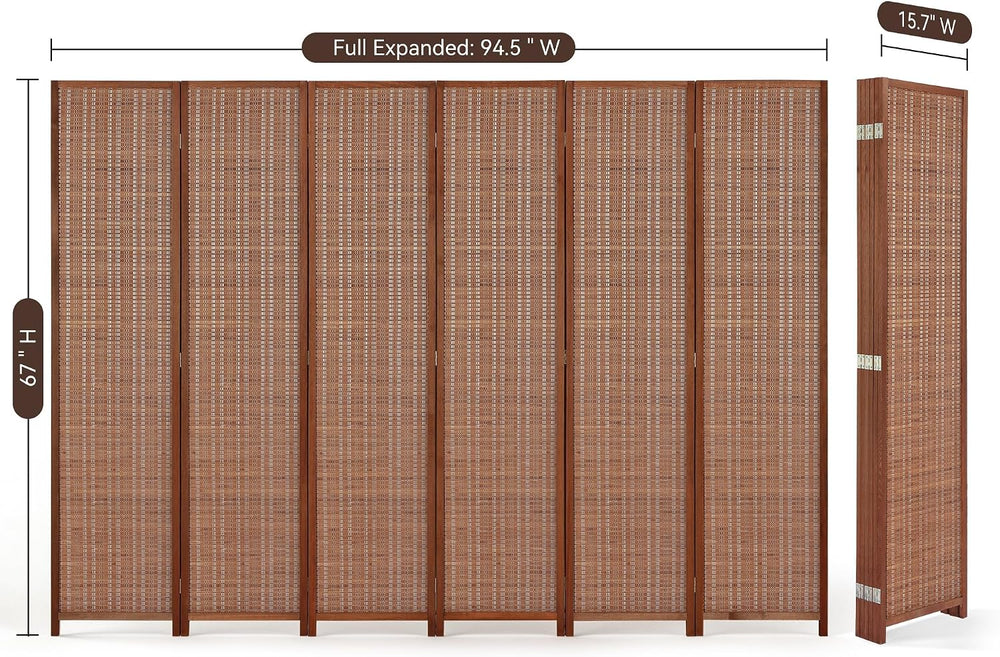 6 Panel Bamboo Room Divider, Folding Privacy Screen, Dark Brown