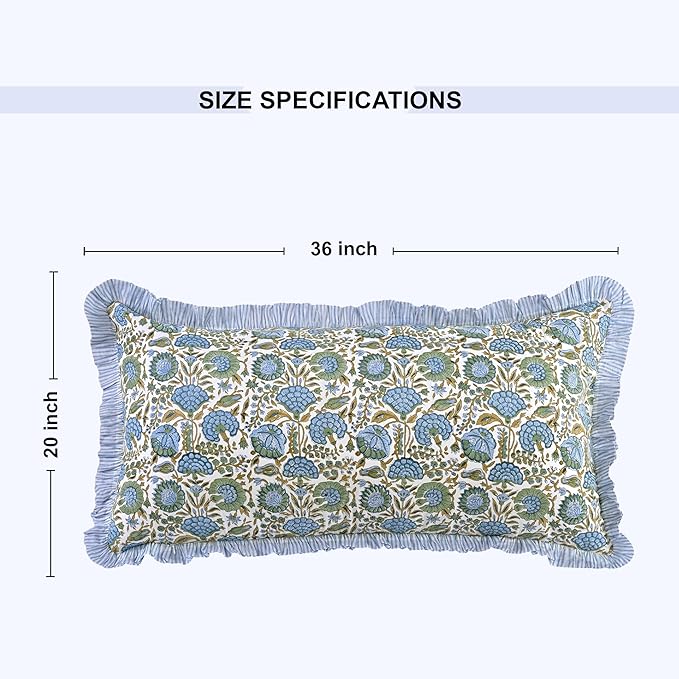 Ridhi Asparagus Green 100% Cotton Block Print Ruffle Bed Sham Cover 20''×36'' - Image 4