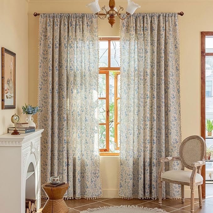 ENJOYBRIDAL Blue Floral Curtains 63 Inches Long 2 Panels Set Semi Sheer Living - Image 2