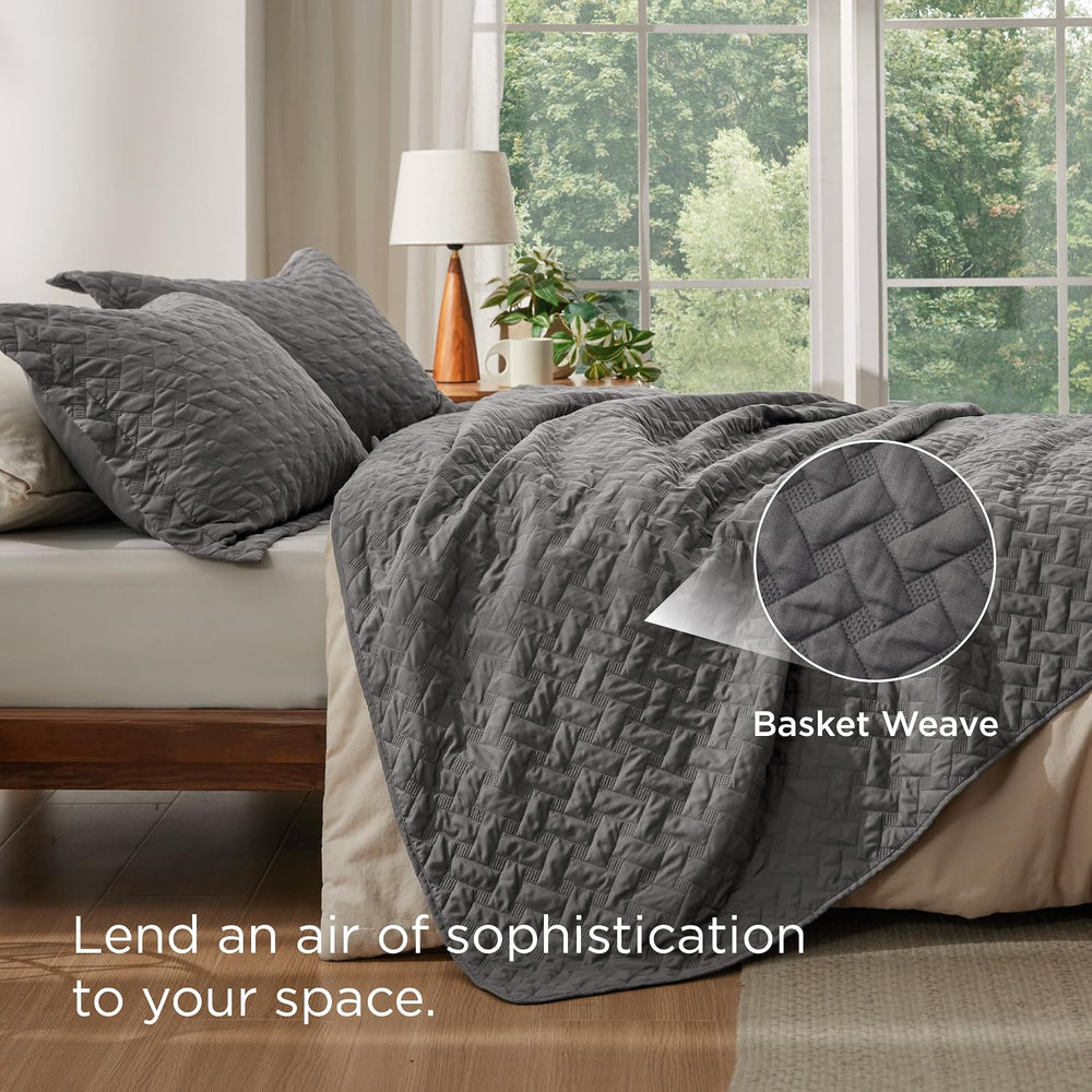 Bedsure Quilts King Size - Grey Bedspreads King Size with Basket Weave Patter...