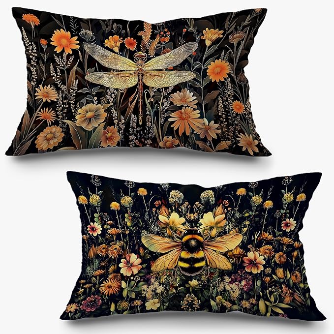 Moody Vintage Dragonfly Bee Floral Pillow Covers 12x20 Set of 2, Dark by Exqcom