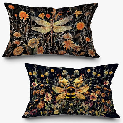 Moody Vintage Dragonfly Bee Floral Pillow Covers 12x20 Set of 2, Dark by Exqcom