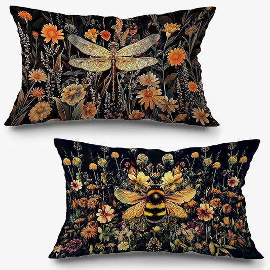 Moody Vintage Dragonfly Bee Floral Pillow Covers 12x20 Set of 2, Dark by Exqcom