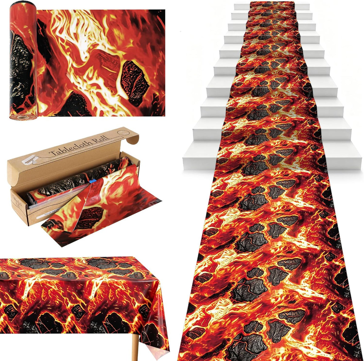 100FT x 54IN Halloween Lava Plastic Tablecloth Roll with Slide Cutter Box