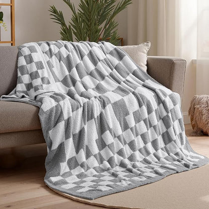 Joiedomi Twin Blanket for Couch Bed, Light Grey Checkered Knitted Blankets by Joiedomi