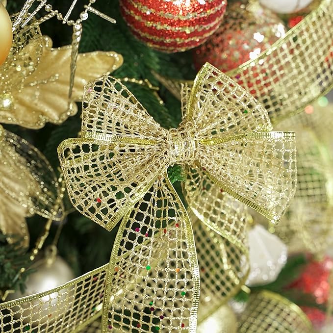 MEEDEE Gold Glitter Christmas Ribbon 2.5 Inch Square Mesh Net Wired Ribbons - Image 5