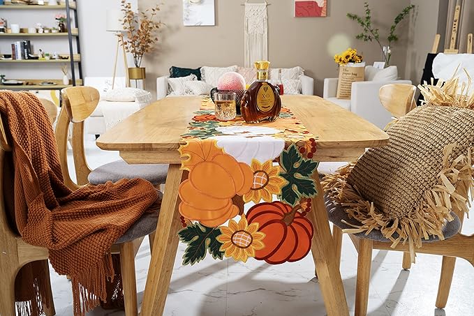 Thanksgiving Table Runner Embroidery Cutout Pumpkin Fall Table Runners Kitchen - Image 2