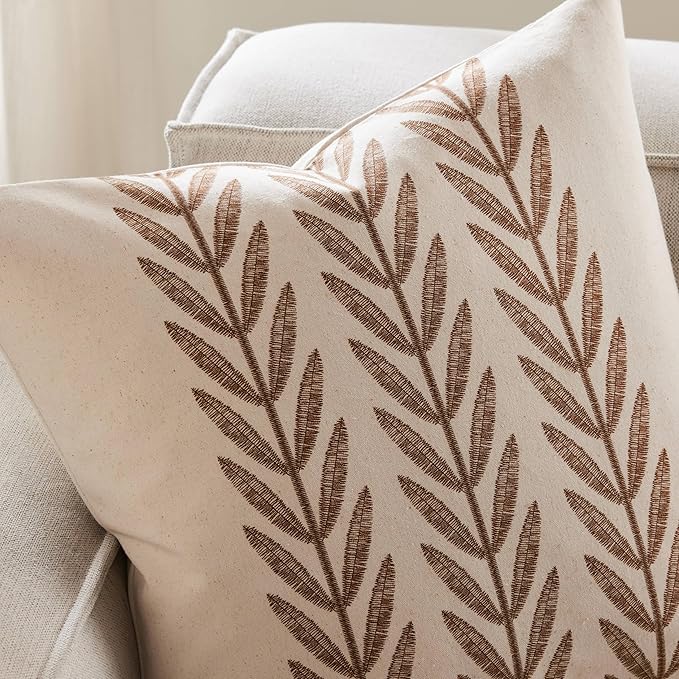 100% Cotton Farmhouse Leaves Throw Pillow Covers Set of 2, 22x22 Inch Caramel - Image 2