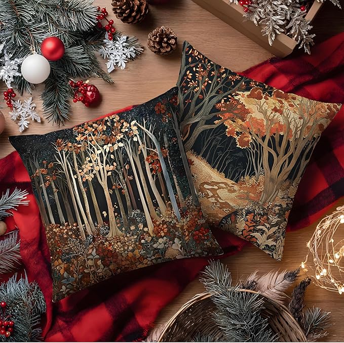 Rustic William Morris Inspired Autumn Forest Decor Throw Pillow Covers 18x18 - Image 4