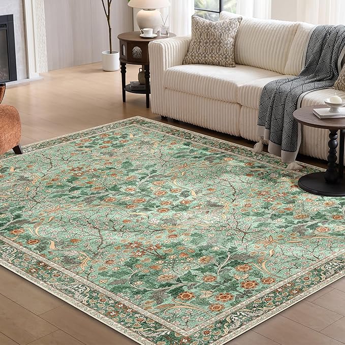 MUJOO Green 5x7 Area Rugs, Floral Washable Rug - Image 7