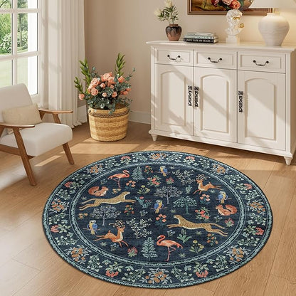 DUKINO 4ft Round Rug, Washable Round Area Rug, Non Slip Indoor Low Pile Animal - Image 3