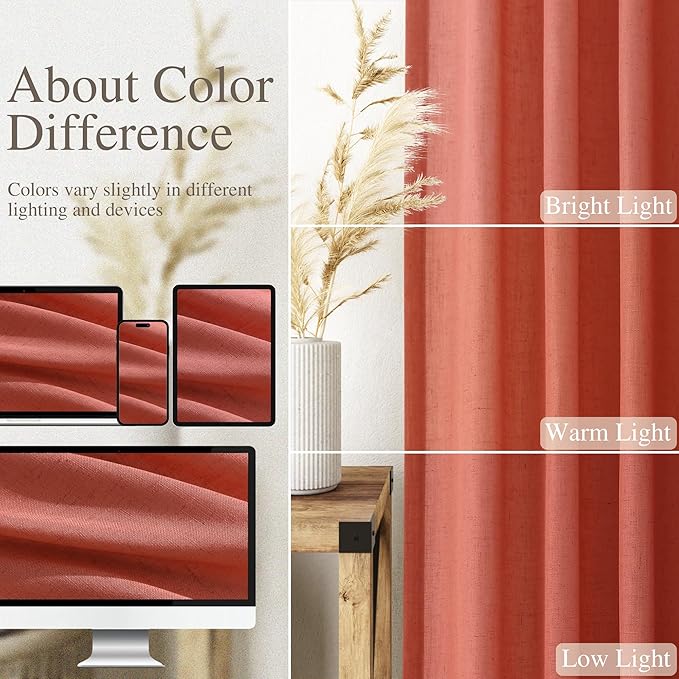 Coral Semi Sheer Linen Blend Curtains 120 Inches Long 2 Panels Set Back Tab - Image 3