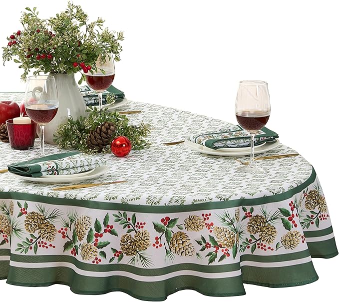 Newbridge Christmas Holly Pinecone Border 60 x 84 Inch Oval Fabric Tablecloth - Image 2