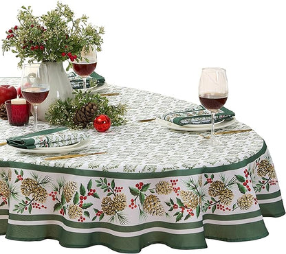 Newbridge Christmas Holly Pinecone Border 60 x 84 Inch Oval Fabric Tablecloth - Image 2