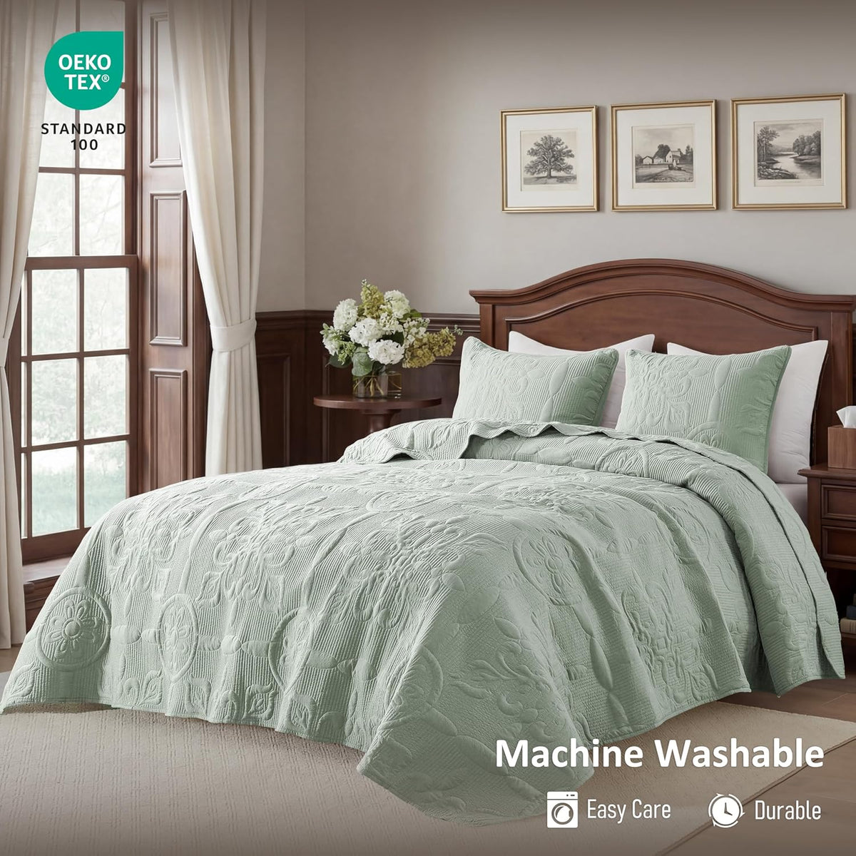 sage green damask quilt queen size bedding sets shown in use
