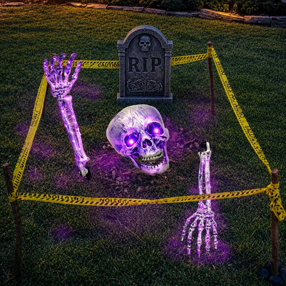 Halloween Skeleton Decorations Outdoor, Light Up Skull Head & Skeleton Hands Stake Lights, Battery Operated Purple LED Halloween Skull Decorations for Yard Lawn Garden Graveyard & Haunted House Decor