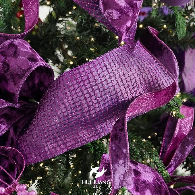 HUIHUANG Purple Christmas Wired Ribbon 4 inch Square Mesh Netting Wired Ribbon - Image 3