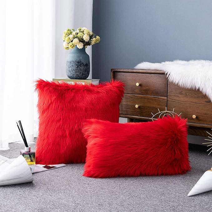 LIGICKY Set of 2 Decorative Red Lumbar Fluffy Throw Pillow Cover Faux Fur Shams - Image 2