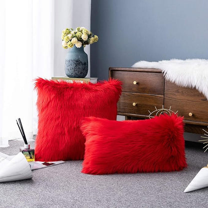 LIGICKY Set of 2 Decorative Red Lumbar Fluffy Throw Pillow Cover Faux Fur Shams - Image 2