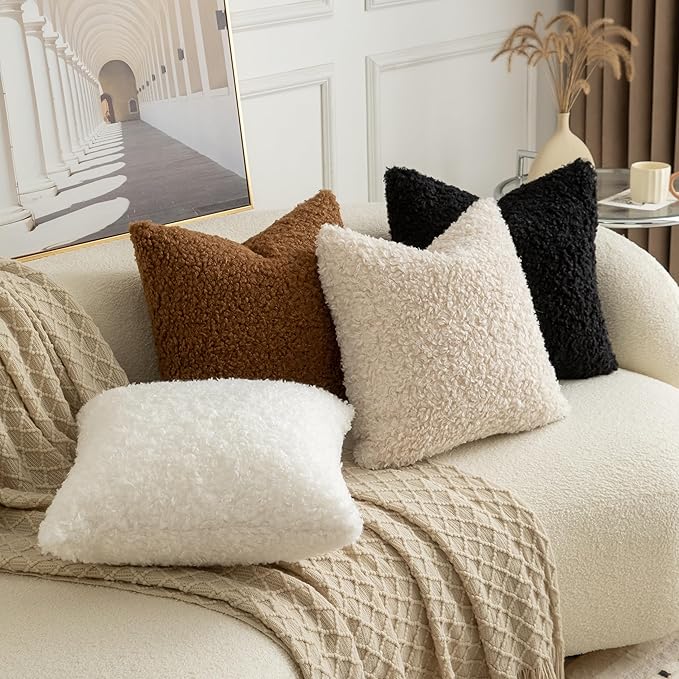 Pack of 2 Curly Teddy Wool Faux Fur Throw Pillow Covers Fuzzy Accent Soft - Image 3