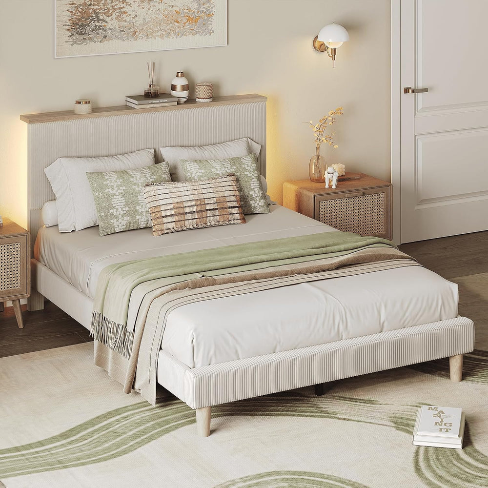 Bestier Full Bed Frame with Adjustable Headboard & LED, Upholstered, Beige