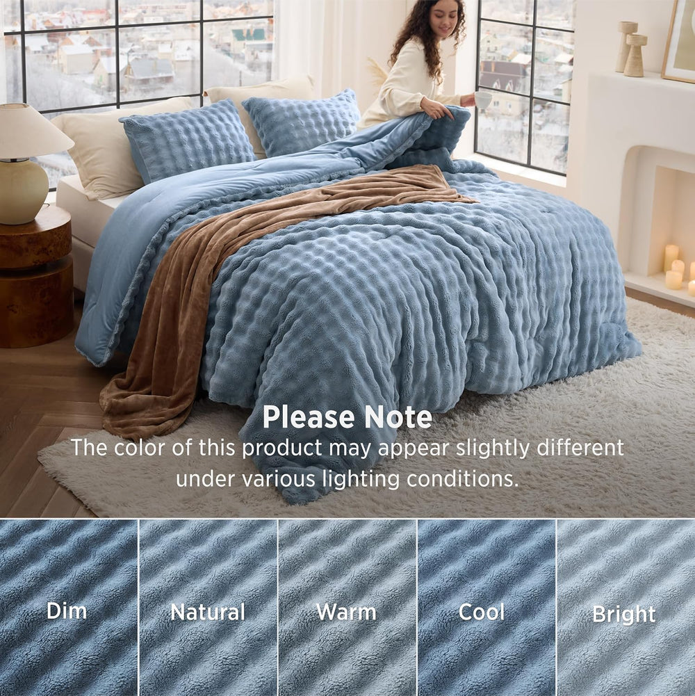 Bedsure 3D Cloud Bubble Comforter Set Fluffy Bed Set Queen Slate Blue 3 Pcs